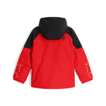 Spyder Youth Challenger Insulated Jacket 2025 - A red jacket with a black hood and white accents on the chest, sleeve cuffs, and front zipper.