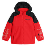 Spyder Youth Challenger Insulated Jacket 2025 - A red jacket with a black hood and white spider logo on the chest.
