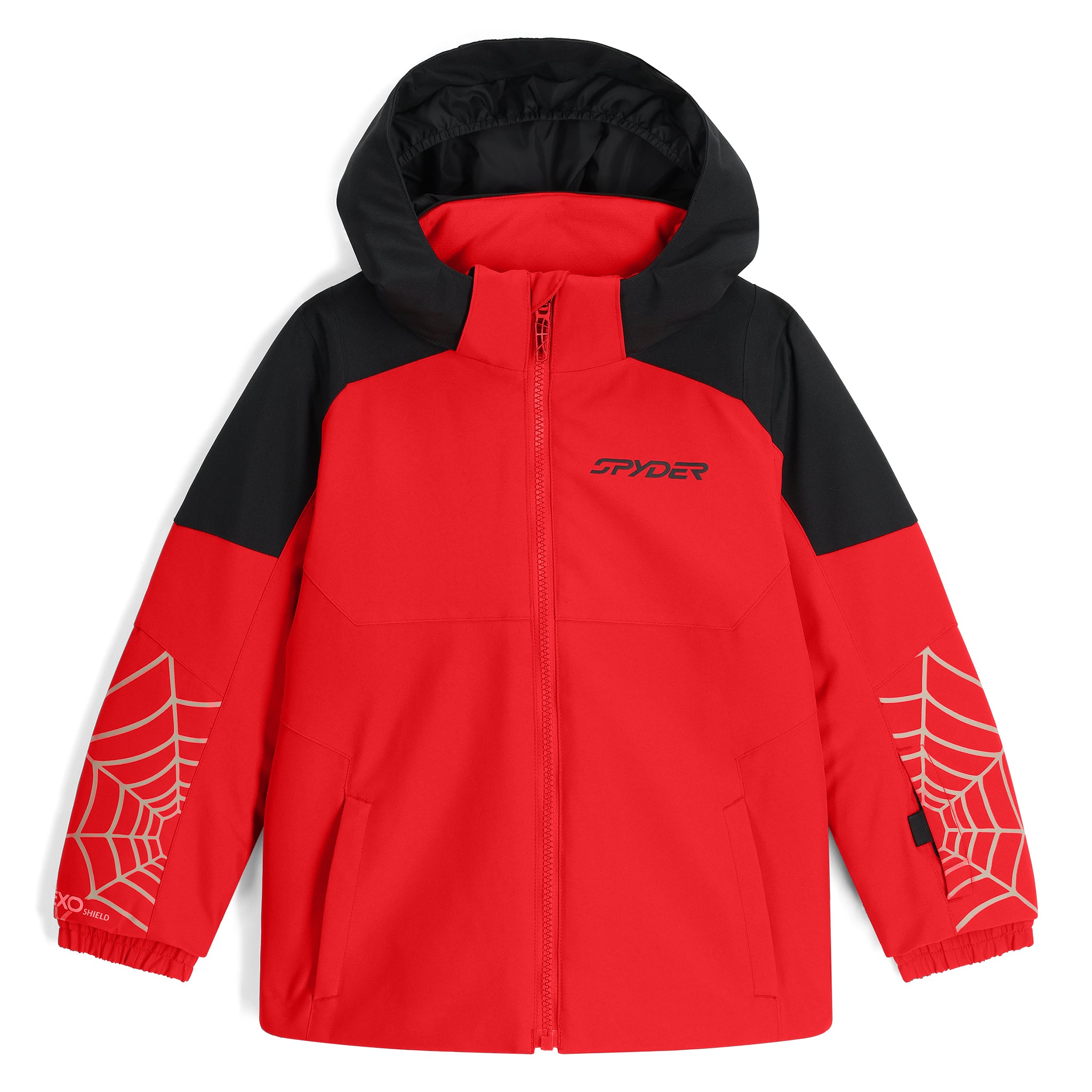 Spyder Youth Challenger Insulated Jacket 2025 - A red jacket with a black hood and white spider logo on the chest.