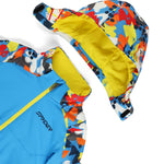 Spyder Youth Challenger Insulated Jacket 2025 - A blue jacket with a white and red abstract pattern on the hood, featuring a yellow zipper and black hardware.