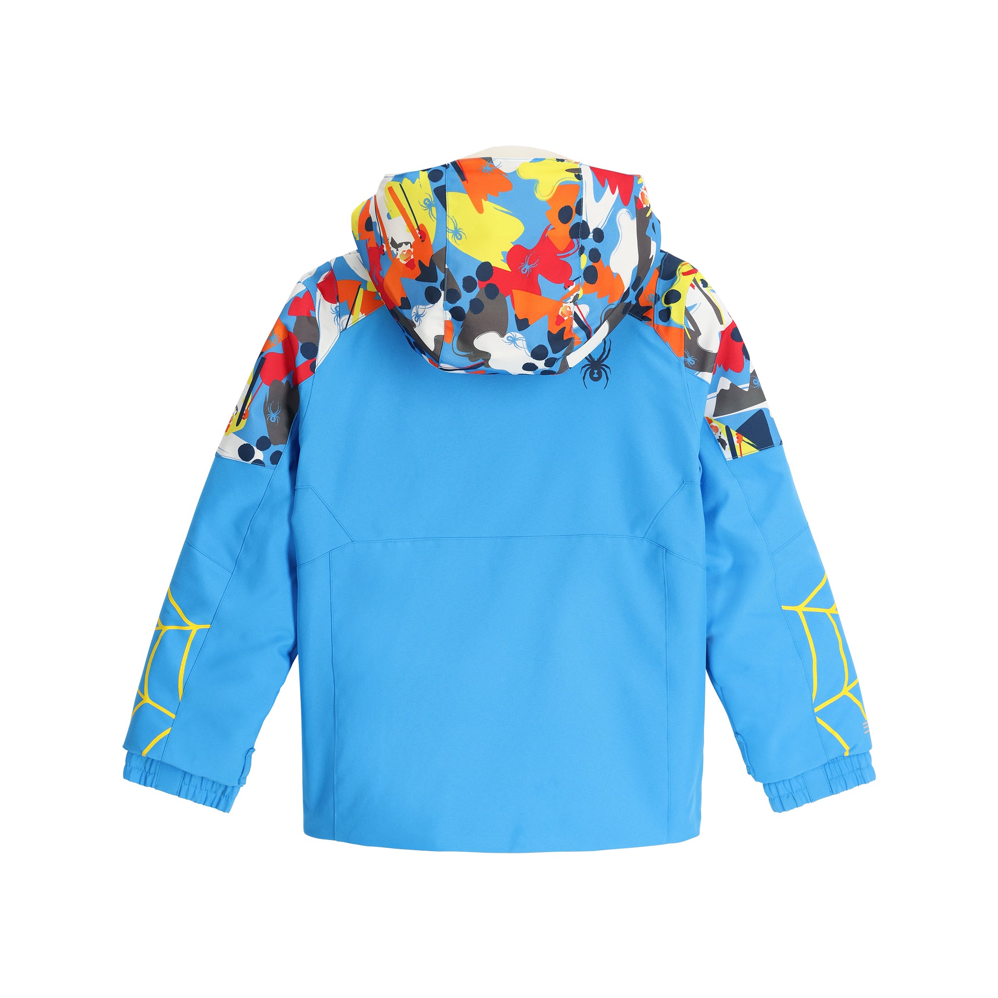 Spyder Youth Challenger Insulated Jacket 2025 - A blue jacket with a hood, featuring a pattern of cartoon characters on the shoulders and sleeves.