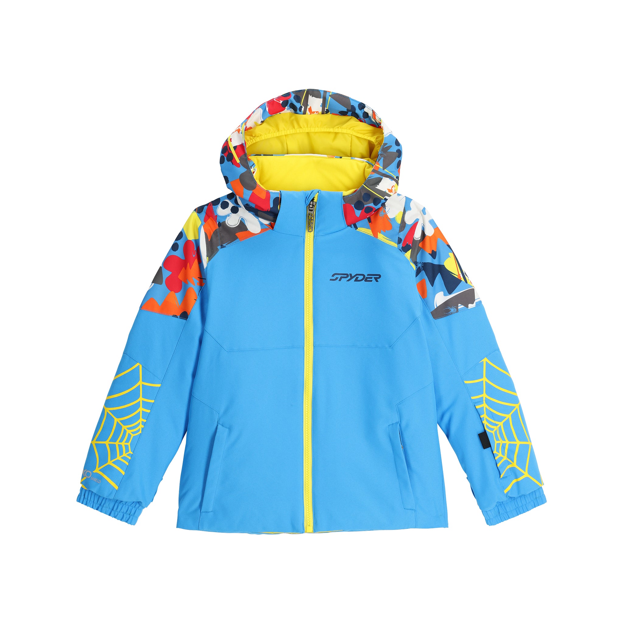 Spyder Youth Challenger Insulated Jacket 2025 - A blue jacket with a hood, featuring a colorful pattern on the shoulders and sleeves.