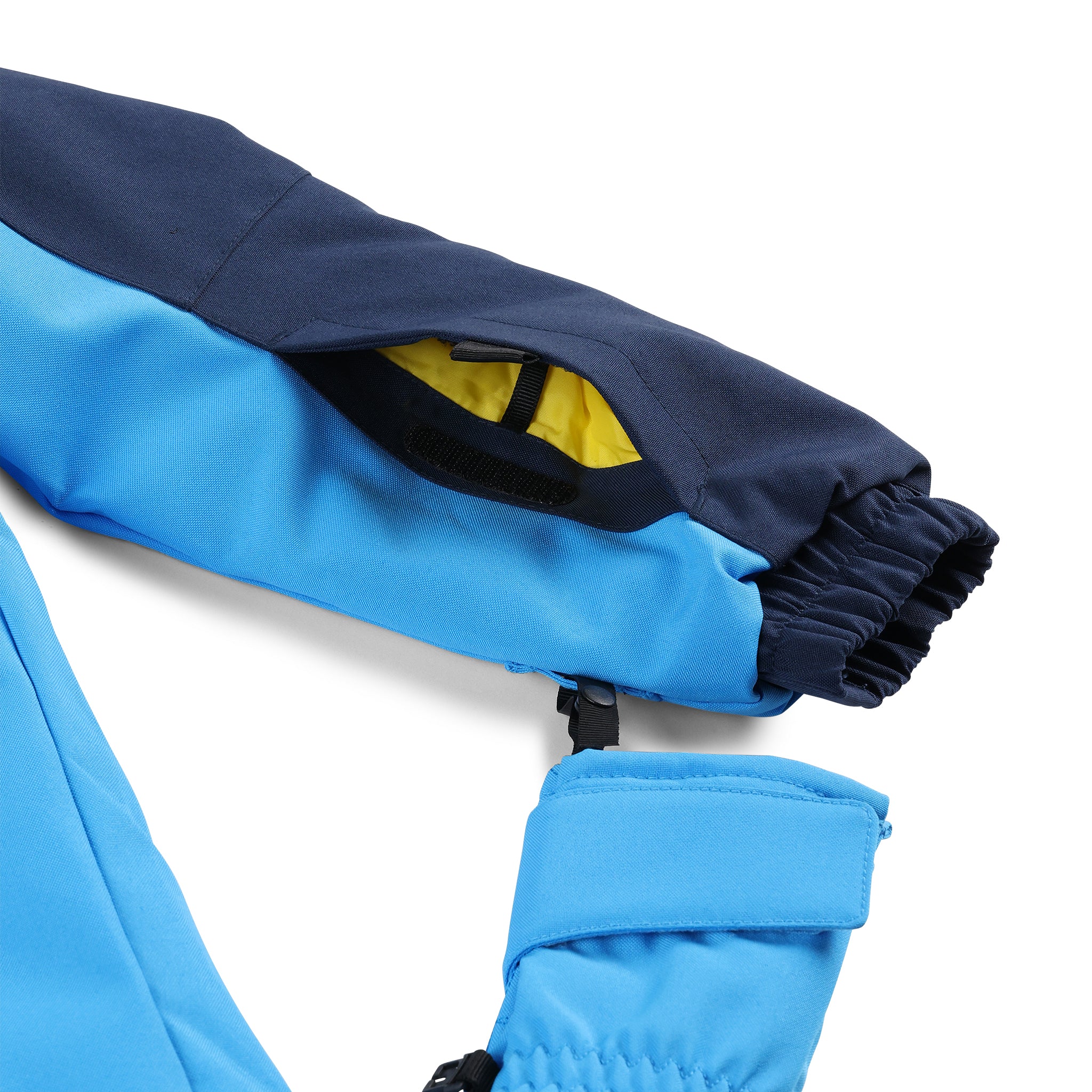 Spyder Boys' Slash Insulated Jacket - A blue jacket with a black hood and yellow accents, featuring a zippered chest pocket and adjustable cuffs.