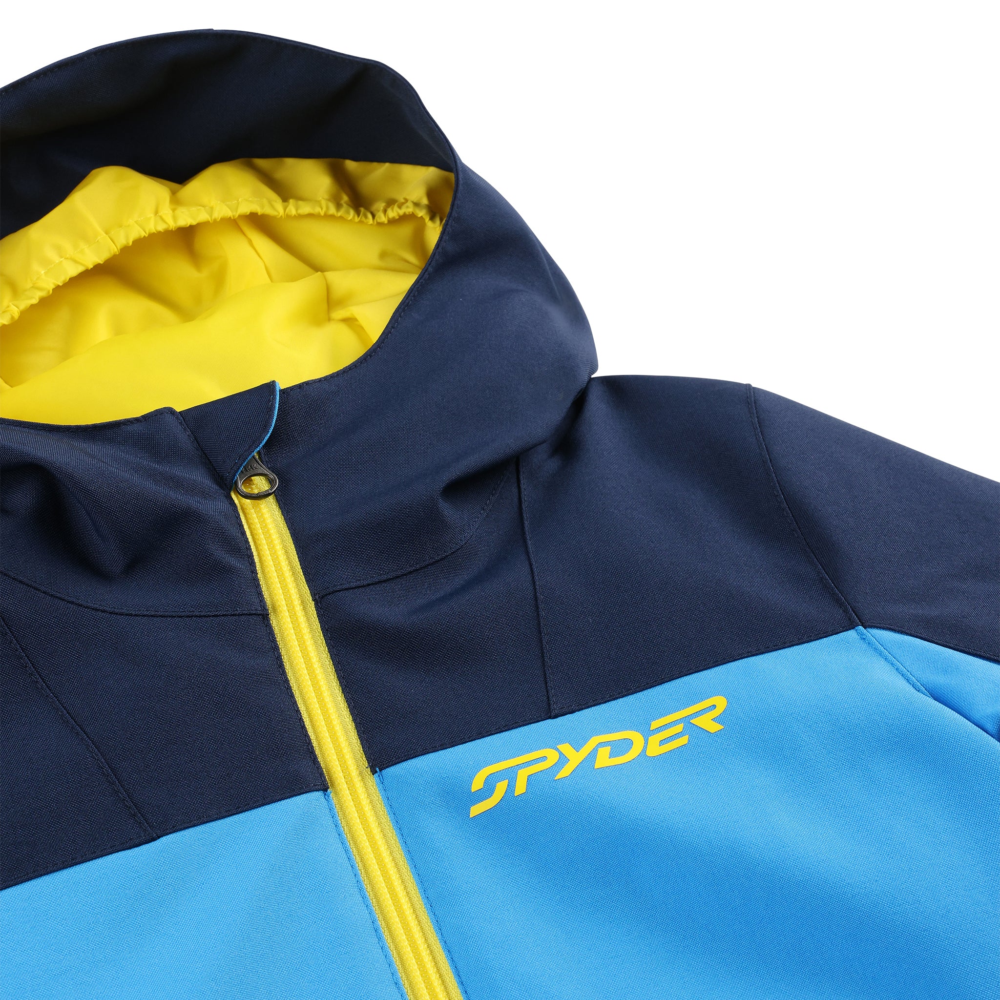 Spyder Boys' Slash Insulated Jacket 2025 - A navy blue jacket with a yellow zipper and accents, featuring a quilted pattern on the back.