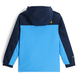 Spyder Boys' Slash Insulated Jacket 2025 - A navy blue and light blue jacket with a hood, featuring yellow accents on the chest and sleeve.