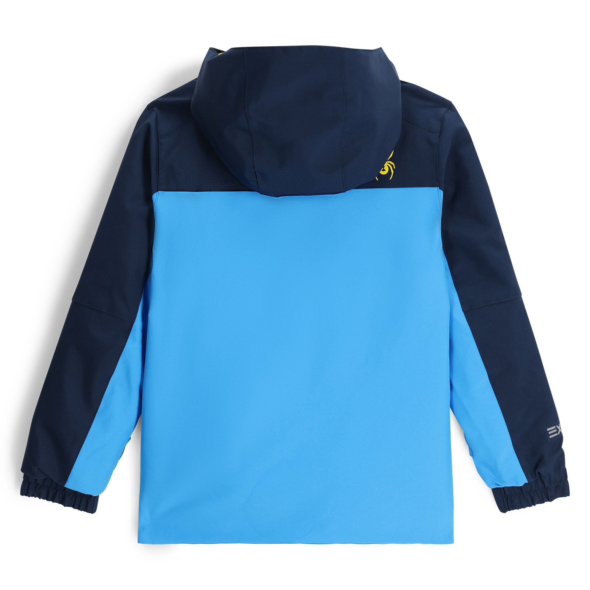 Spyder Boys' Slash Insulated Jacket 2025 - A navy blue and light blue jacket with a hood, featuring yellow accents on the chest and sleeve.