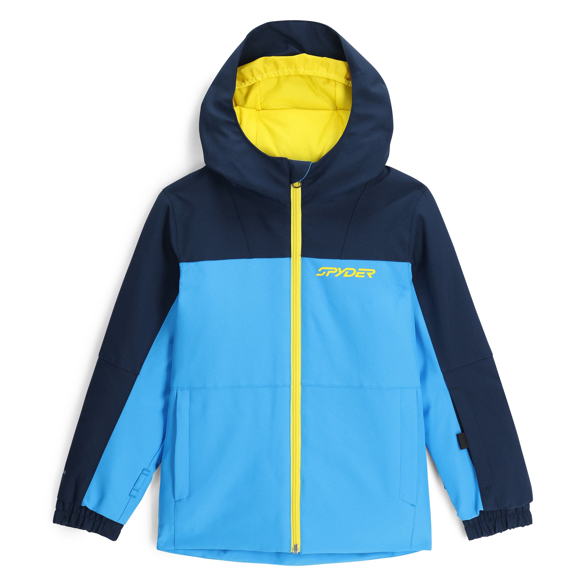 Spyder Boys' Slash Insulated Jacket 2025 - A navy blue and light blue insulated jacket with a yellow zipper and Spyder logo on the chest.