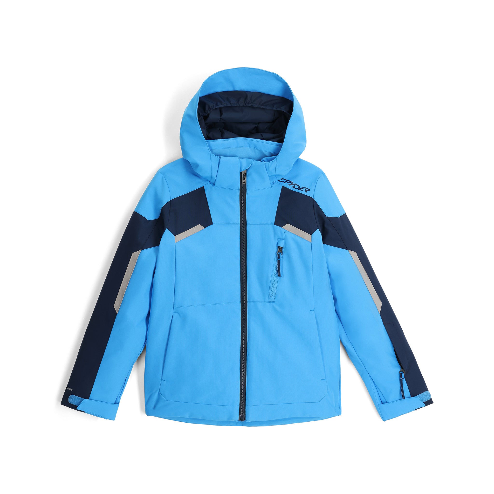 Spyder Boys' Leader Insulated Jacket 2025 - A light blue jacket with dark blue and gray accents, featuring a hood and zippered pockets.