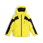 Spyder Boys' Leader Insulated Jacket 2025 - A bright yellow jacket with black and grey accents, featuring a hood and two zippered pockets on the front.