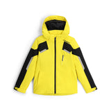 Spyder Boys' Leader Insulated Jacket 2025 - A bright yellow jacket with black and grey accents, featuring a hood and two zippered pockets on the front.