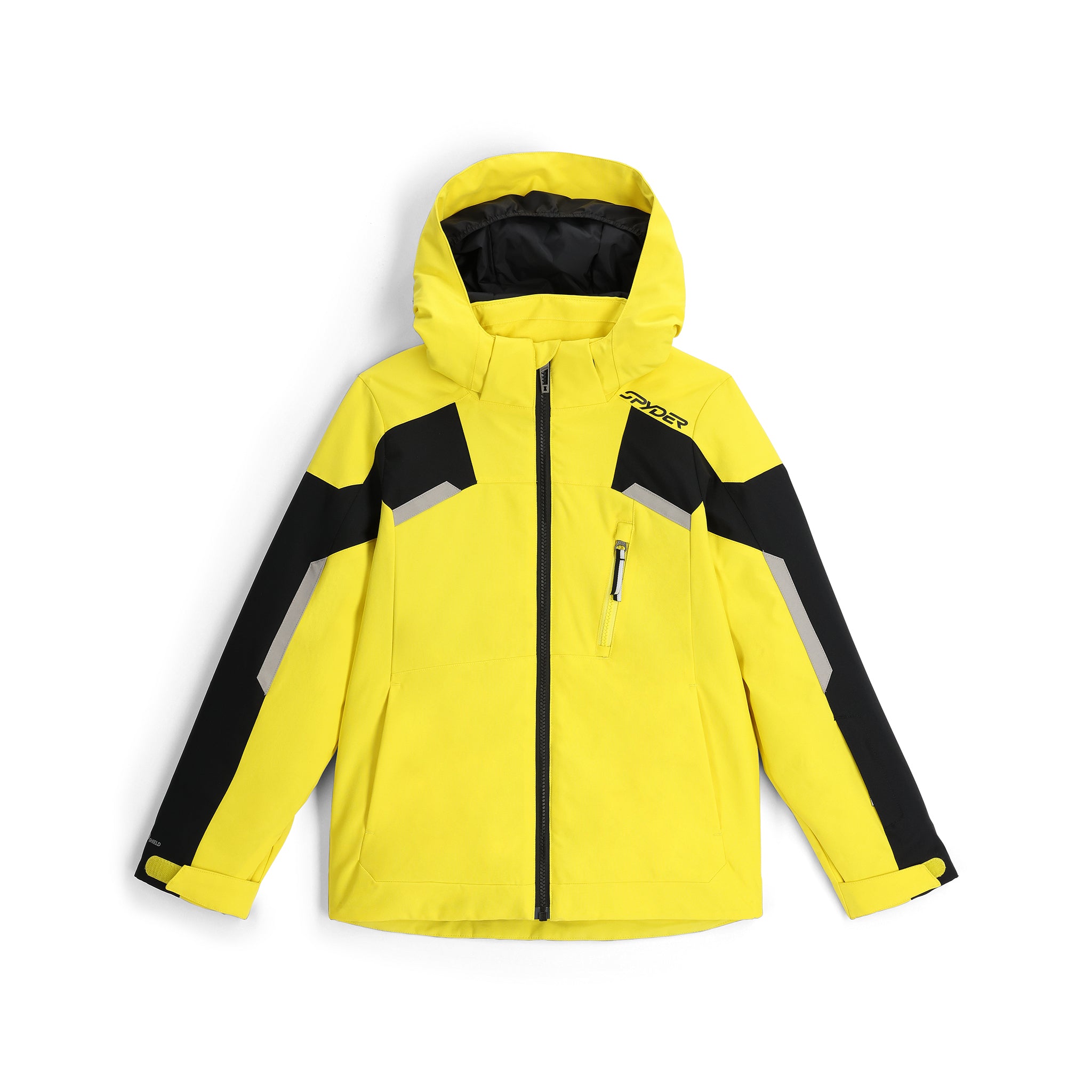 Spyder Boys' Leader Insulated Jacket 2025 - A bright yellow jacket with black and grey accents, featuring a hood and two zippered pockets on the front.