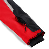 Spyder Boys' Leader Insulated Jacket 2025 - A red and black jacket with a white stripe on the shoulder, featuring a zipper closure and two pockets.