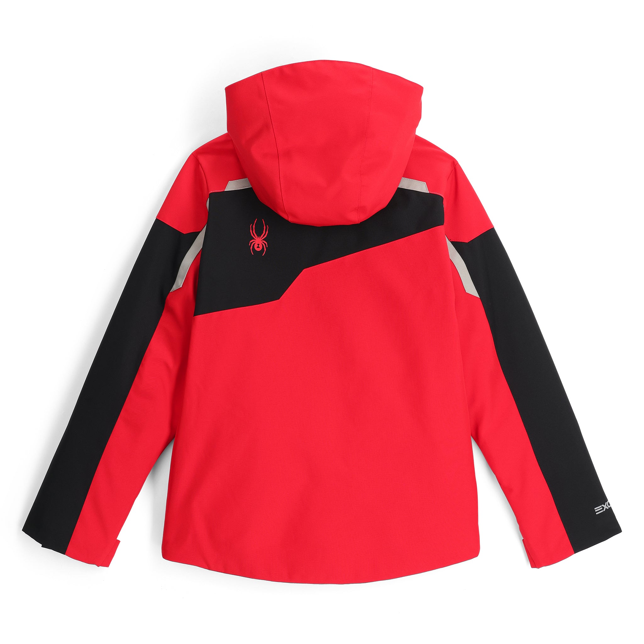 Spyder Boys' Leader Insulated Jacket 2025 - A red and black insulated jacket with a hood, featuring a spider logo on the left chest.