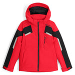 Spyder Boys' Leader Insulated Jacket 2025 - A red ski jacket with black and grey accents, featuring a zippered chest pocket and two side pockets.