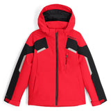 Spyder Boys' Leader Insulated Jacket 2025 - A red ski jacket with black and grey accents, featuring a zippered chest pocket and two side pockets.