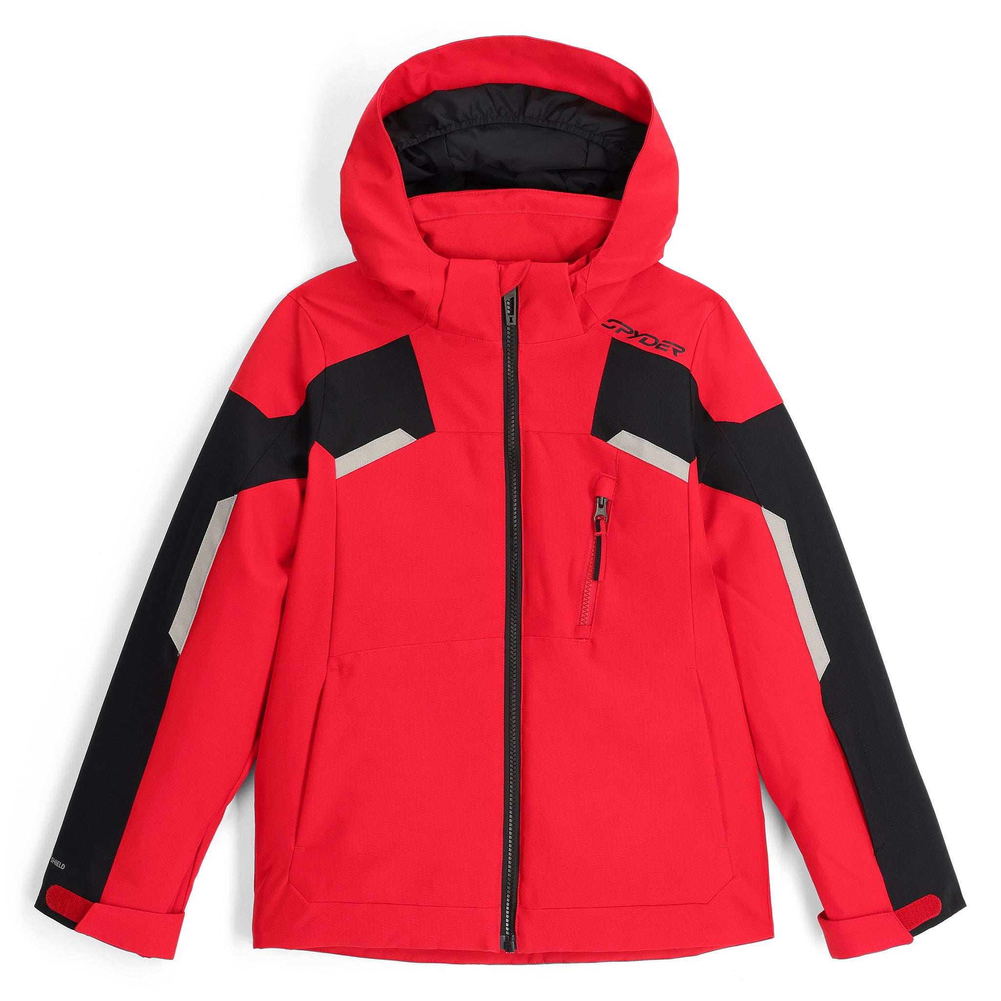 Spyder Boys' Leader Insulated Jacket 2025 - A red ski jacket with black and grey accents, featuring a zippered chest pocket and two side pockets.
