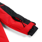 Spyder Boys' Impulse Synthetic Down Jacket - A red jacket with a black zipper and two zippered pockets on either side, featuring a hood and adjustable cuffs.