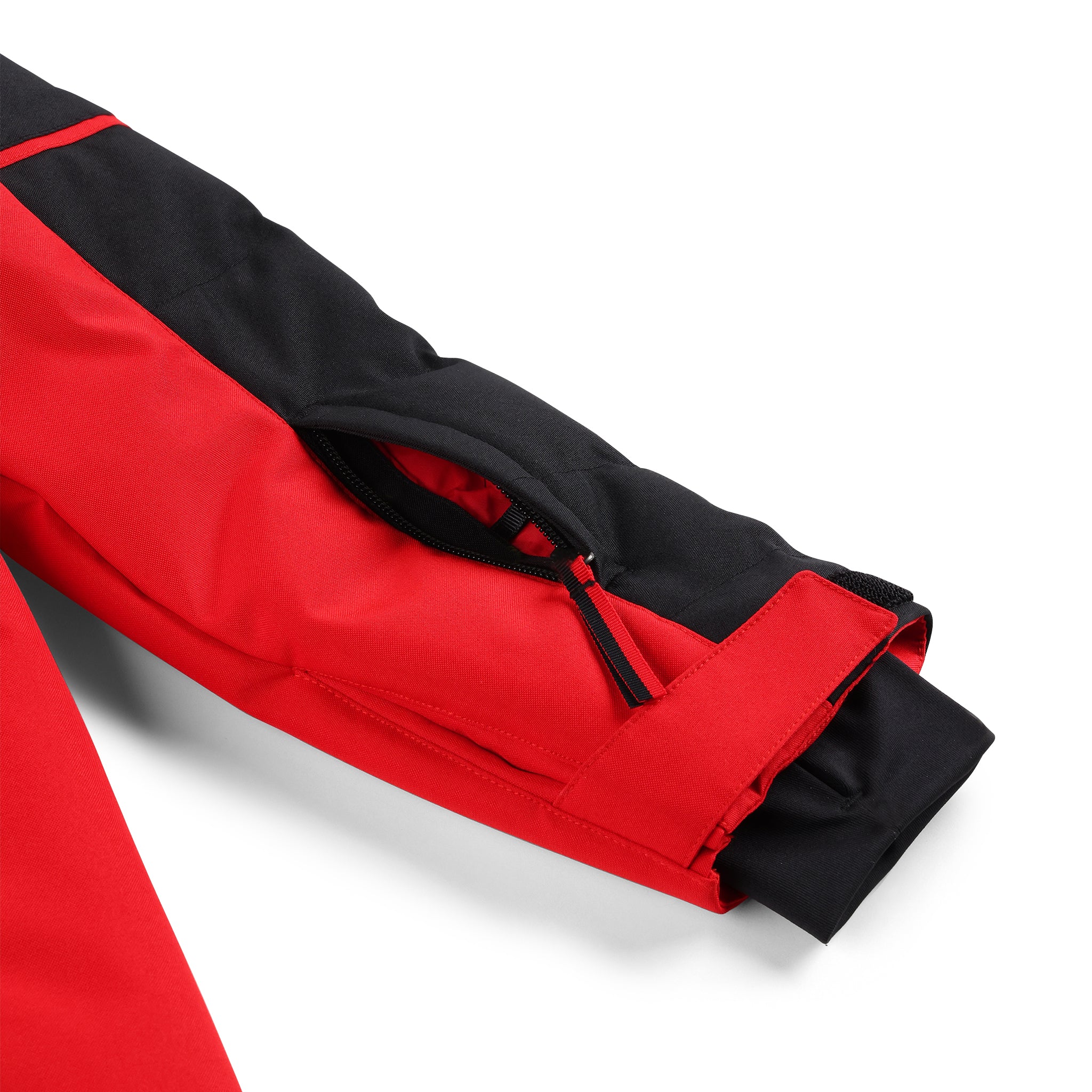 Spyder Boys' Impulse Synthetic Down Jacket - A red jacket with a black zipper and two zippered pockets on either side, featuring a hood and adjustable cuffs.