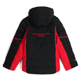Spyder Boys' Impulse Synthetic Down Jacket 2025 - A black and red jacket with a hood, featuring a zippered front and two pockets on either side.