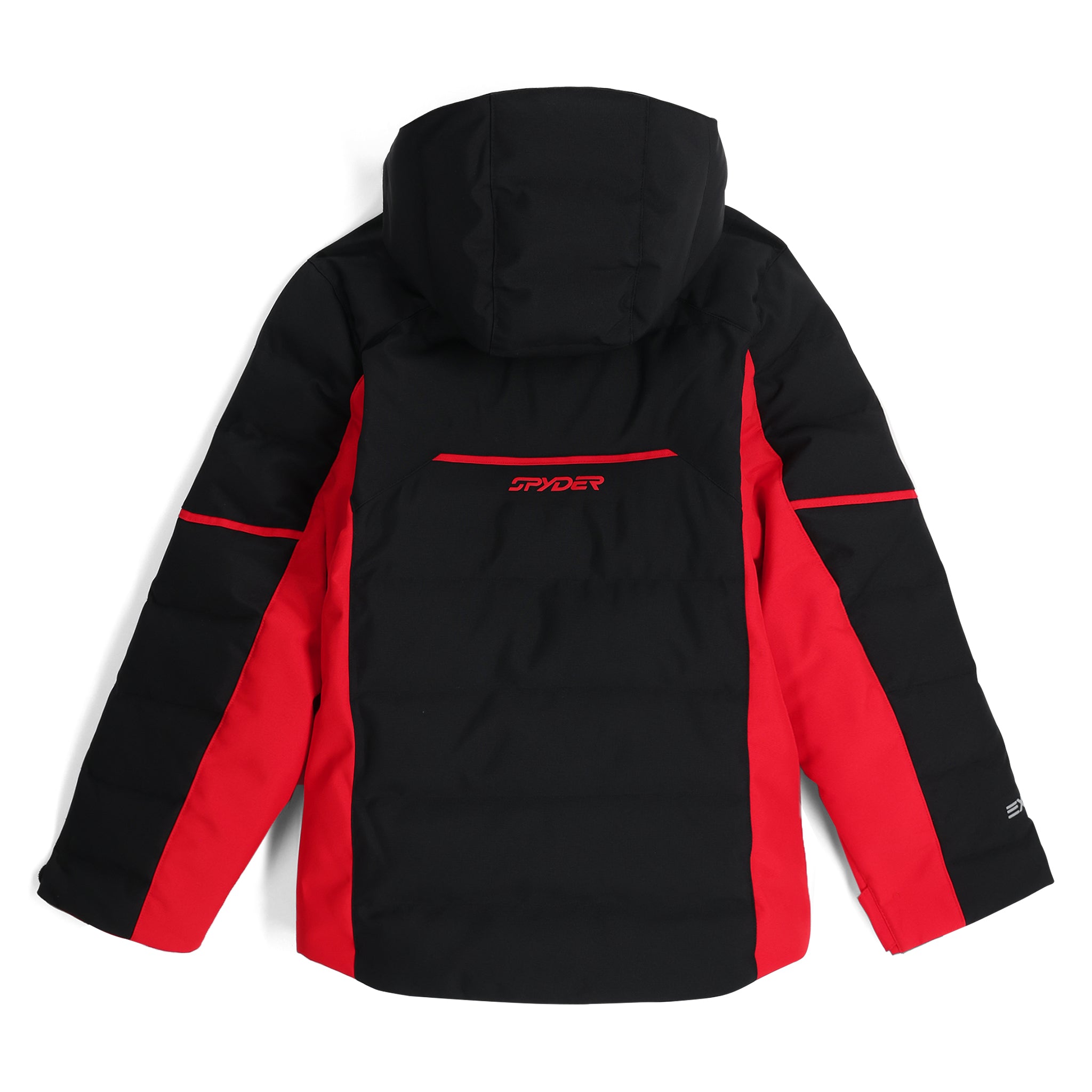 Spyder Boys' Impulse Synthetic Down Jacket 2025 - A black and red jacket with a hood, featuring a zippered front and two pockets on either side.