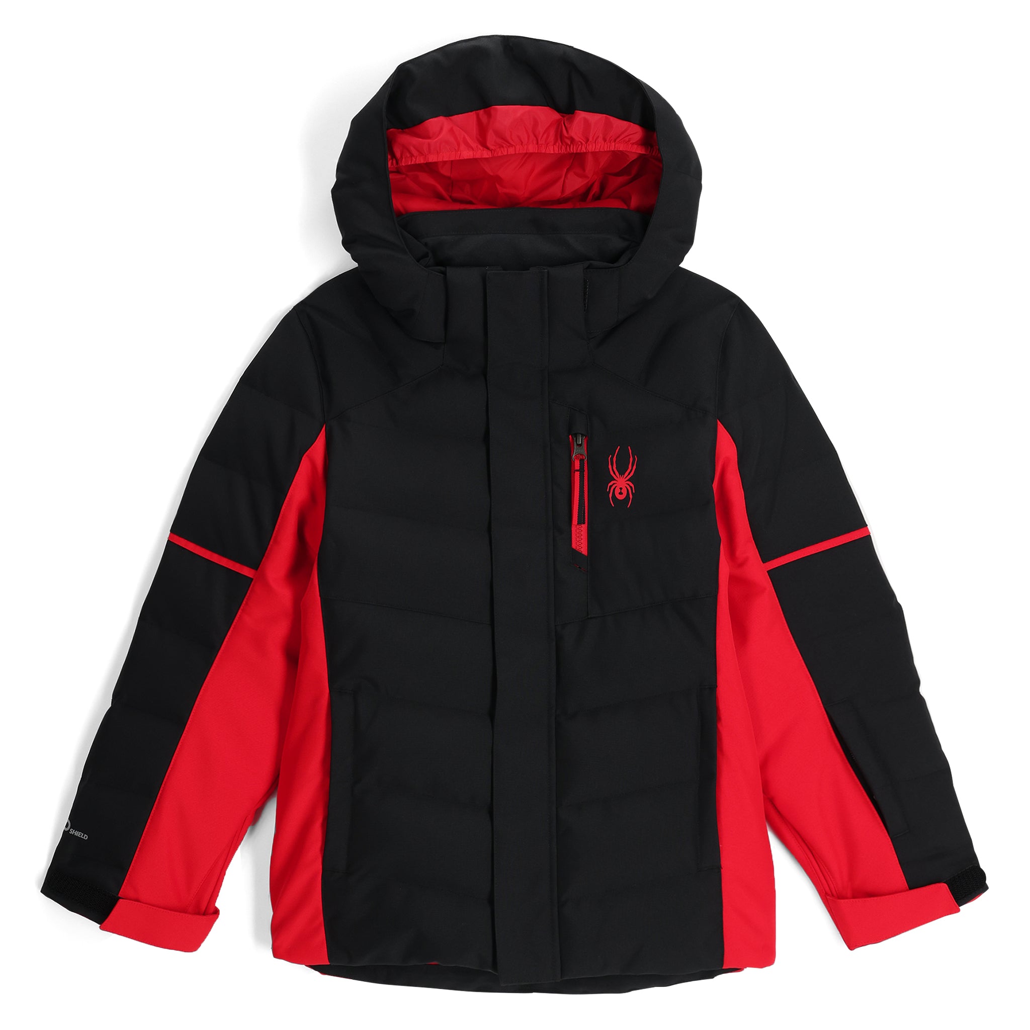 Spyder Boys' Impulse Synthetic Down Jacket - A black jacket with red accents and a red embroidered spider logo on the left chest.