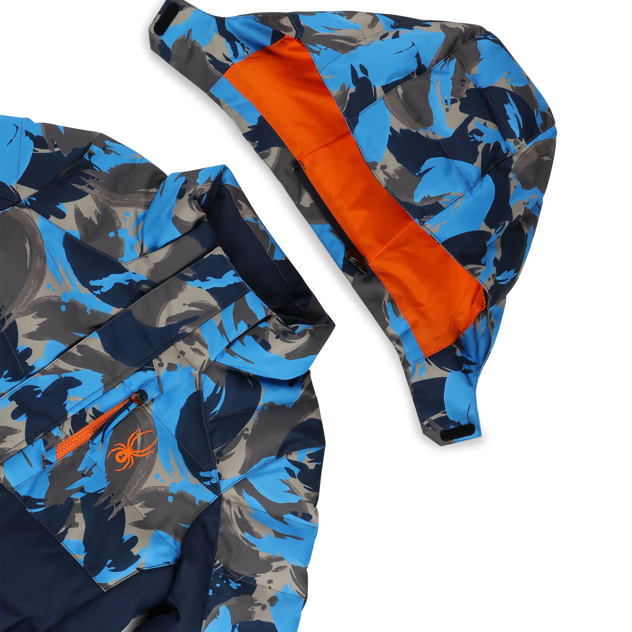 Spyder Boys' Impulse Synthetic Down Jacket 2025 - A blue and gray camouflage patterned jacket with a navy-blue zipper on the chest.