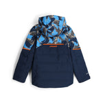 Spyder Boys' Impulse Synthetic Down Jacket 2025 - A navy blue jacket with a subtle pattern of light gray and white accents, featuring a hood and zippered pockets.