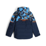 Spyder Boys' Impulse Synthetic Down Jacket 2025 - A navy blue jacket with a subtle pattern of light gray and white accents, featuring a hood and zippered pockets.