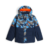 Spyder Boys' Impulse Synthetic Down Jacket - A blue, grey and black camouflage patterned jacket with a hood.