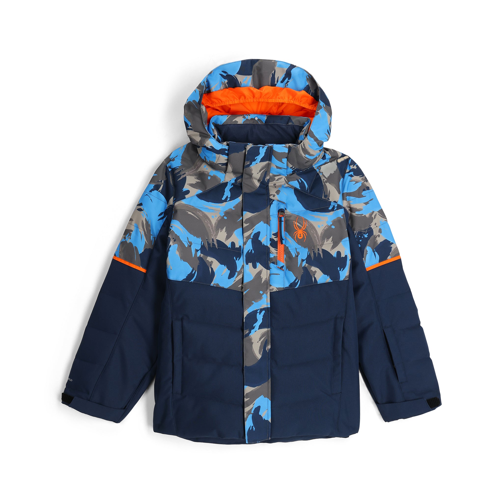 Spyder Boys' Impulse Synthetic Down Jacket - A blue, grey and black camouflage patterned jacket with a hood.