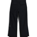 Spyder Junior Boys' Power Insulated Pants - Black ski pants with a small embroidered logo on the left leg, featuring a subtle pattern of thin white lines and dots.