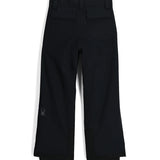 Spyder Junior Boys' Power Insulated Pants - Black ski pants with a small embroidered logo on the left leg, featuring a subtle pattern of thin white lines and dots.