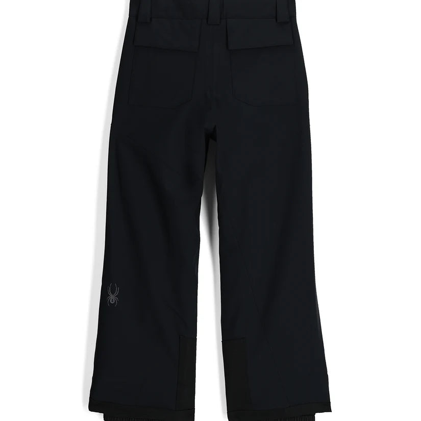 Spyder Junior Boys' Power Insulated Pants - Black ski pants with a small embroidered logo on the left leg, featuring a subtle pattern of thin white lines and dots.