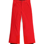 Spyder Junior Boys' Power Insulated Pants - These pants are red with a black waistband and belt loops, featuring a zip fly and two front pockets.