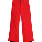 Spyder Junior Boys' Power Insulated Pants - These pants are red with a black waistband and belt loops, featuring a zip fly and two front pockets.