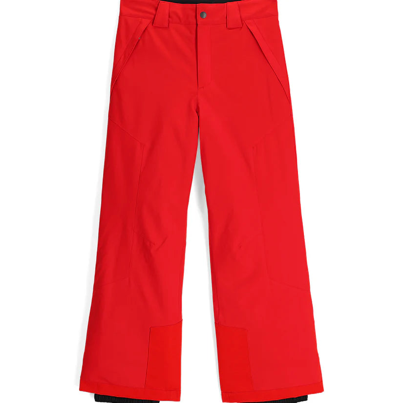 Spyder Junior Boys' Power Insulated Pants - These pants are red with a black waistband and belt loops, featuring a zip fly and two front pockets.
