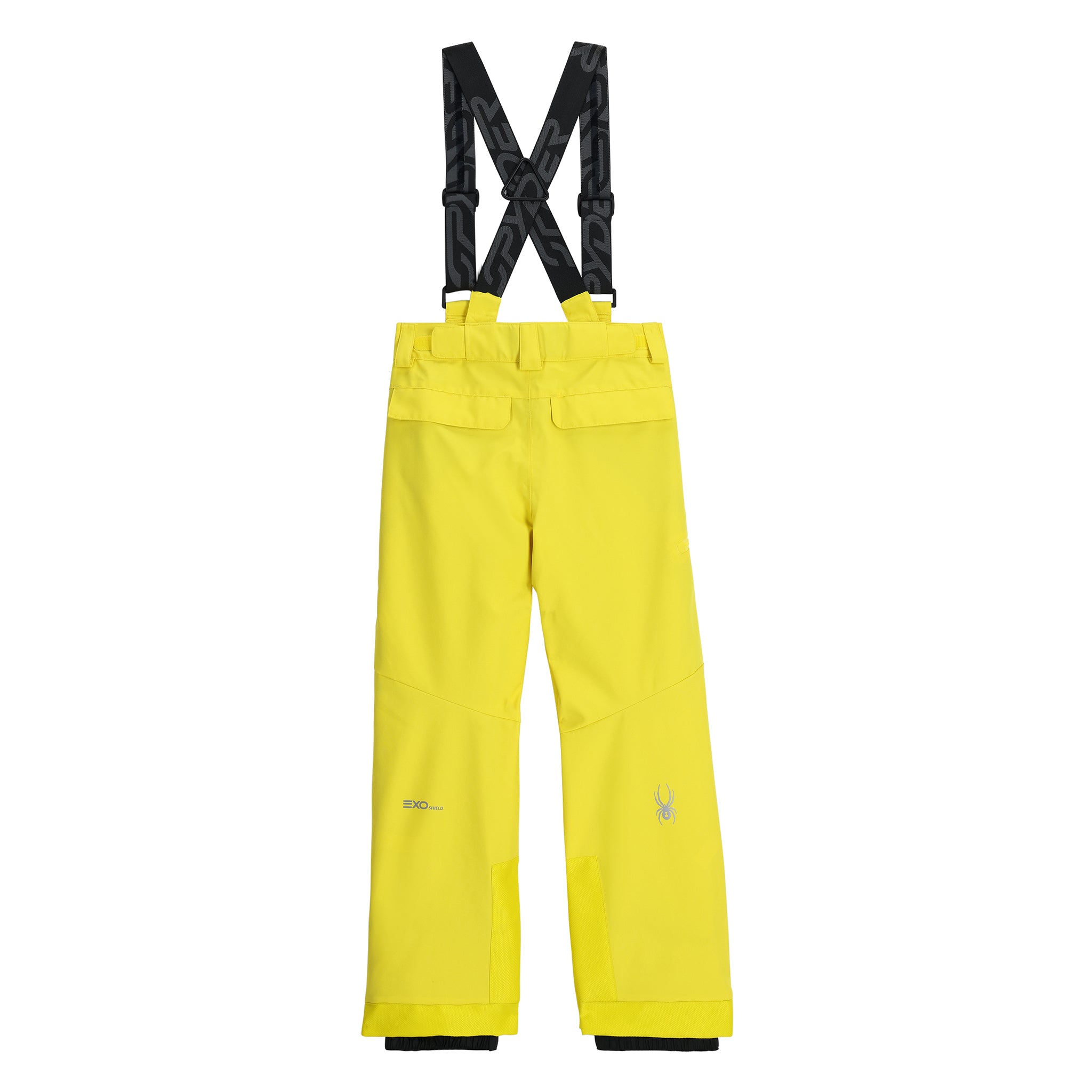 Spyder Junior Boys' Propulsion Insulated Pants - A pair of bright yellow ski pants with a black logo on the left leg and adjustable straps at the waist.