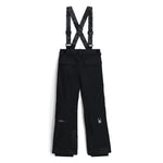 Spyder Junior Boys' Propulsion Insulated Pants 2025 - Black snow pants with a white logo on the left leg and adjustable straps at the waist.
