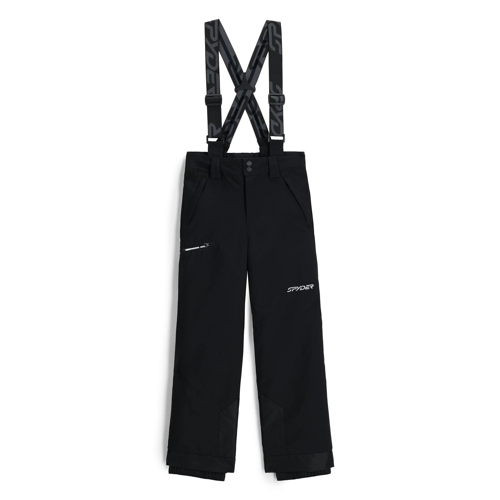Spyder Junior Boys' Propulsion Insulated Pants 2025 - Black insulated ski pants with a white logo on the left leg.