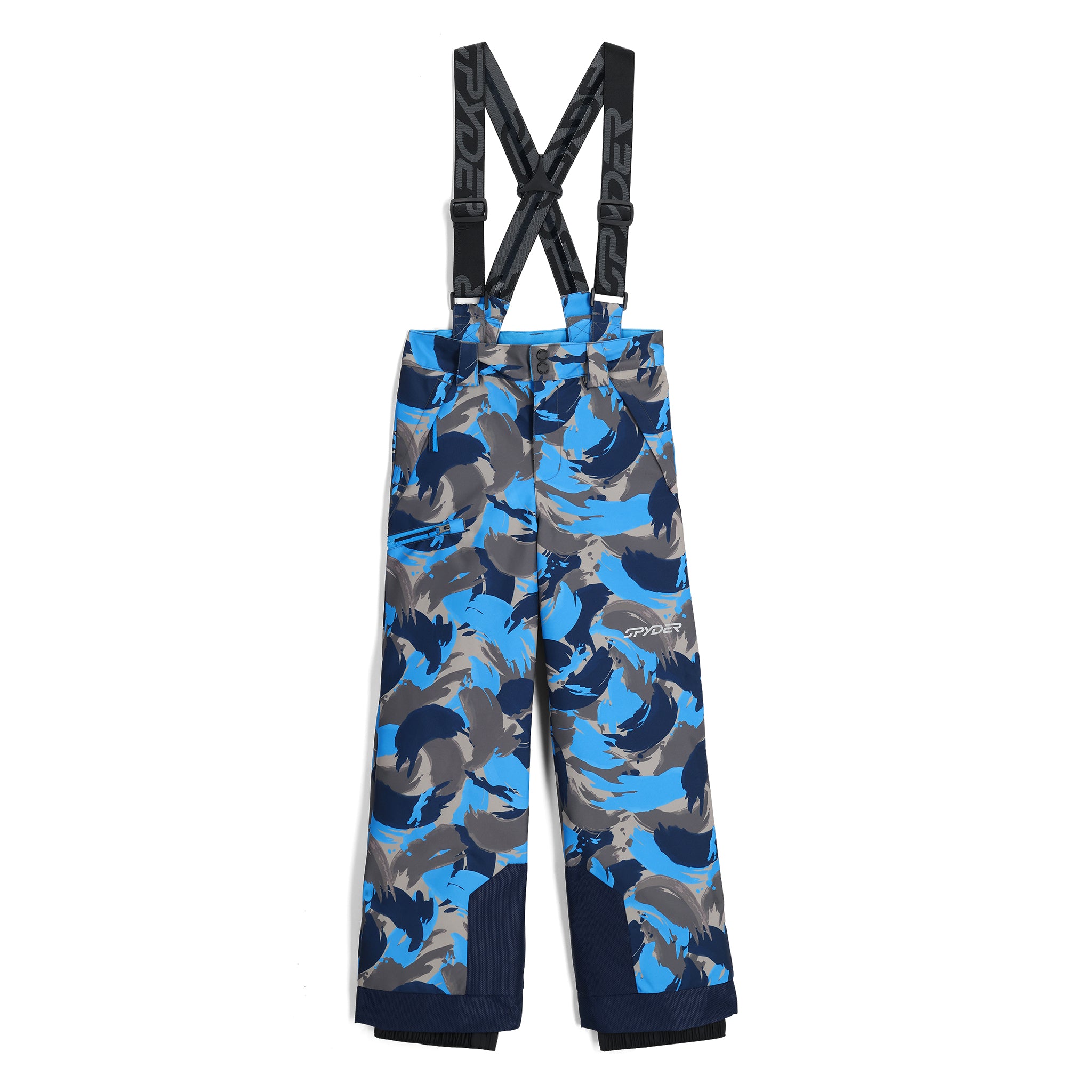 Spyder Junior Boys' Propulsion Insulated Pants 2025 - A pair of blue and grey snow pants with a camouflage pattern, featuring black straps and buckles.