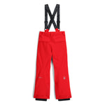 Spyder Junior Boys' Propulsion Insulated Pants - Black snow pants with a white logo on the left leg and black straps with gray lettering that reads "SPYDER" on the back waistband.