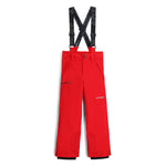 Spyder Junior Boys' Propulsion Insulated Pants 2025 - A pair of red ski pants with a black Spyder logo on the left leg and adjustable straps at the waist.