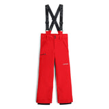 Spyder Junior Boys' Propulsion Insulated Pants 2025 - A pair of red ski pants with a black Spyder logo on the left leg and adjustable straps at the waist.