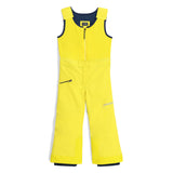 Spyder Boys' Expedition Insulated Bib Pant 2025 - A bright yellow bib pant with a black waistband and belt loops, featuring a zippered fly and adjustable cuffs.