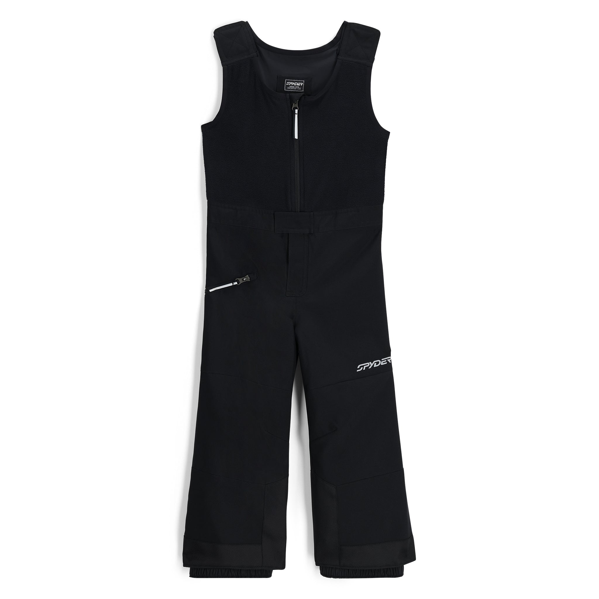 Spyder Boys' Expedition Insulated Bib Pant 2025 - Black bib pant with white logo on left thigh and silver zipper pull.