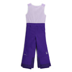 Spyder Girls' Expedition Insulated Bib Pant 2025 - A purple snowsuit with a white logo on the left leg, featuring a spider design.