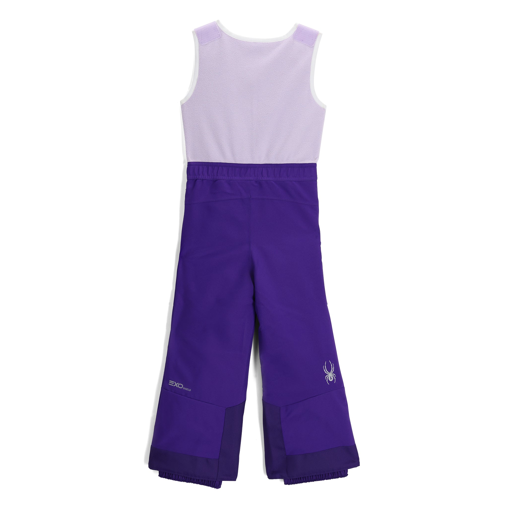 Spyder Girls' Expedition Insulated Bib Pant 2025 - A purple snowsuit with a white logo on the left leg, featuring a spider design.