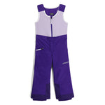 Spyder Girls' Expedition Insulated Bib Pant 2025 - A purple snowsuit with a white logo on the left leg and a zipper down the front.