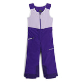 Spyder Girls' Expedition Insulated Bib Pant 2025 - A purple snowsuit with a white logo on the left leg and a zipper down the front.