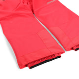 Spyder Girls' Expedition Insulated Bib Pant 2025 - A pair of bright pink snow pants with a textured pattern on the upper thigh area and black elastic at the bottom hem.
